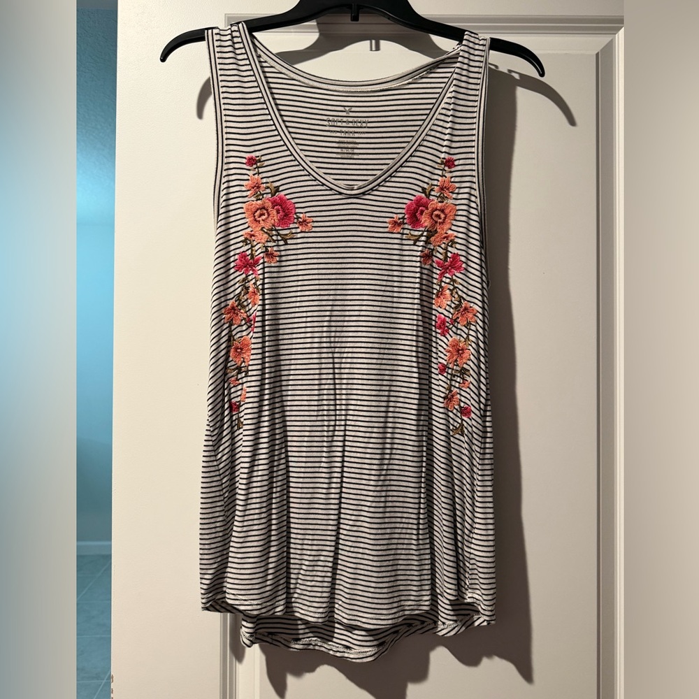 American Eagle Black & White Striped Tank with Pink & Coral Floral Embroidery